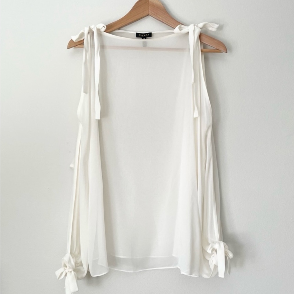 Escada Sheer Off-White Silk Open Shoulder Balloon Sleeve Tie Top